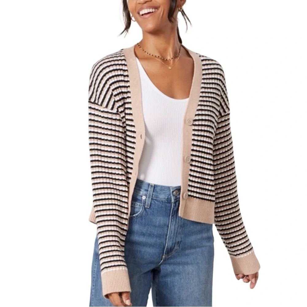 MONROW Wool/Cotton Blend Stripe Cardigan Dusk Winter White Black Stripe X-Small